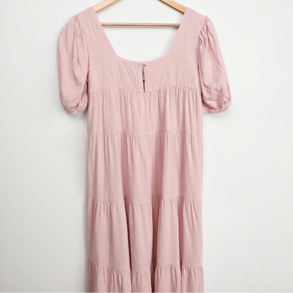 New-lulu's Happy Tiers Blush Striped Puff Sleeves Lightweight Midi Dress Size MD - Picture 6 of 11